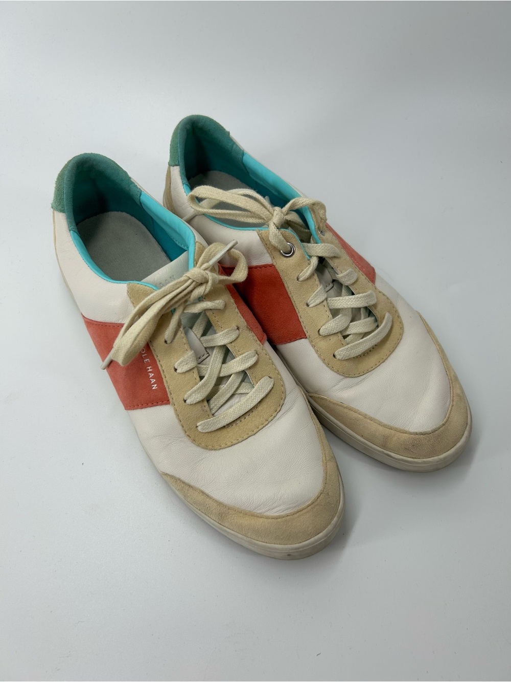 Cole Haan 0 Grand White Sneakers with Coral Stripe and Teal Lining